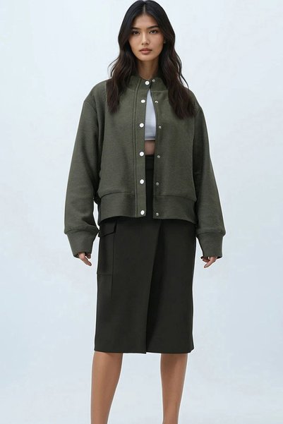 Olive Green Soft Textured Bomber Jacket with Double Pockets and Fleece Inside Alc-X14412