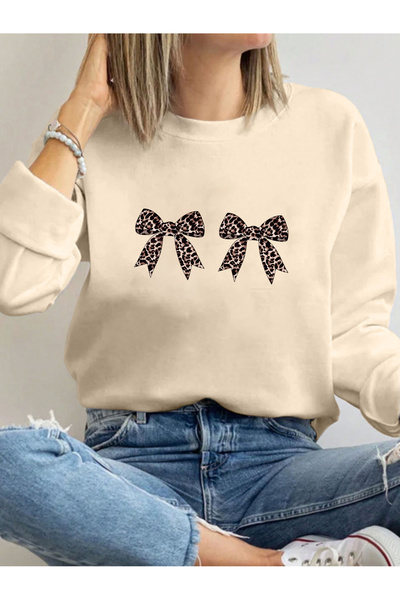 Unisex Leopard Patterned Ribbon Printed Oversize Sweatshirt