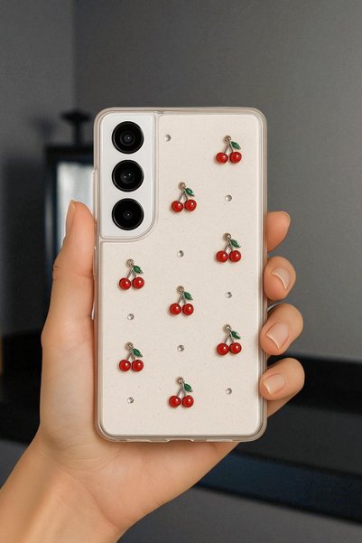 Samsung S21 FE Compatible – Epoxy Cherry Patterned, Transparent, Impact Resistant Phone Case