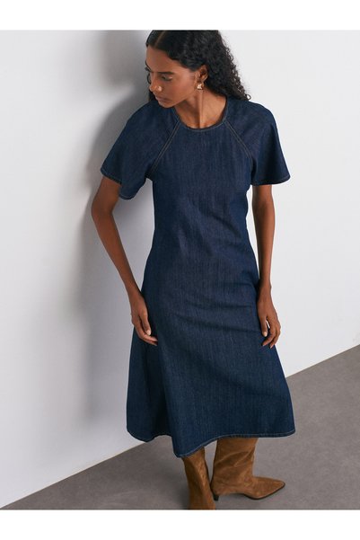 90576 100% Cotton Raglan Sleeve Long Denim Dress-Navy Blue
