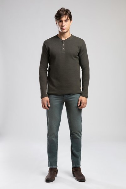 Hevasa Men's Placket Sweatshirt Khaki