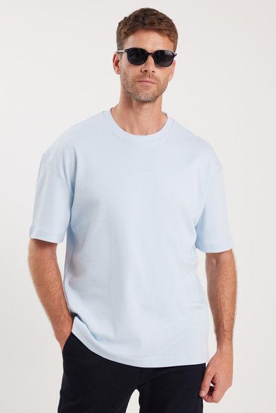 Unisex Oversize Wide Cut 100% Cotton Soft Textured Basic Crew Neck Blue T-Shirt