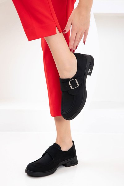Black Suede Women's Loafer Shoes 21094
