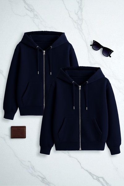 Unisex Navy Blue & Navy Blue Zipper Hooded Sweatshirt 2-Piece Opportunity Pack