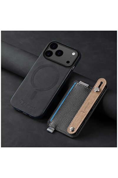 Маска компатибилна со Apple iPhone 17 Pro M-safe 2во1 со држач за картички најдобра кожна маска црна