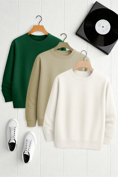 Unisex 3-Piece White Beige Green Crew Neck Sweatshirt