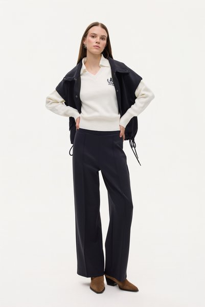 Soft Textured Wide Leg Trousers with Stitching Detail Black