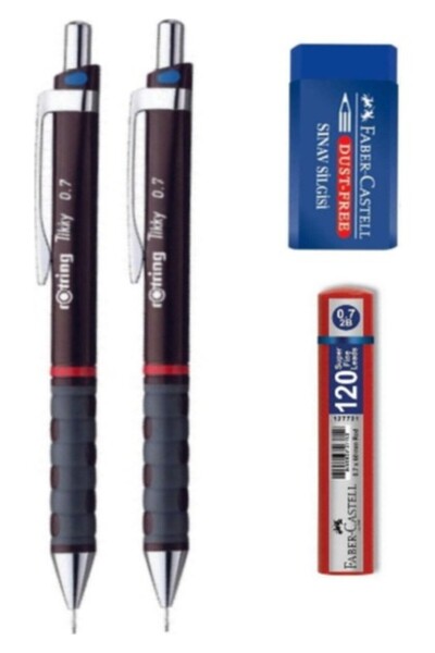 Pack of 2 Burgundy Tikky 0.7 Tip Versatile Pencils - 1 Medium Size Exam Eraser - 1 120 MIN Tip
