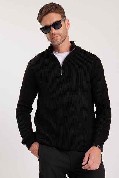 Men's Slim Fit Slim Fit Zippered Black Stand Collar Knitwear Sweater