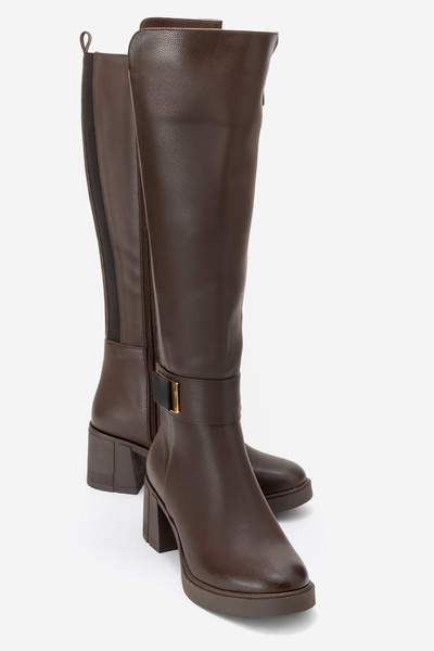Moreni̇ Brown Leather Stretch Detailed Buckle Women's Thick Heeled Boots