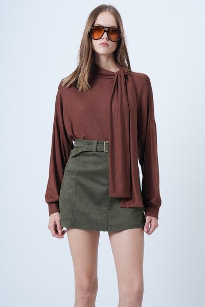 Women's Cinnamon Brown Shawl Detailed Regular Fit Modal Fabric Blouse Alc-X14653