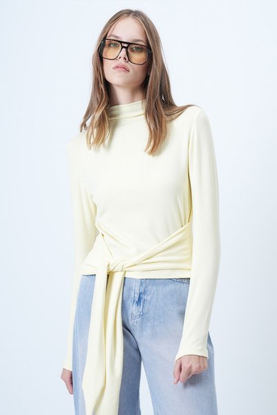 Butter Yellow High Neck Tie-Waist Blouse Alc-X14652