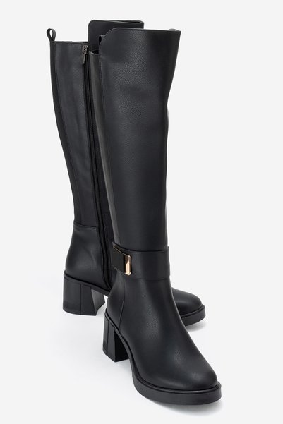 MORENİ Black Leather Stretch Detail Buckled Women's Thick-Heeled Boots