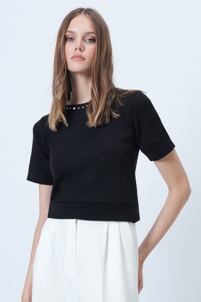 Black Crew Neck Collar Pearl Knitwear Blouse Alc-X14637