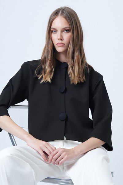 Black Coated Buttoned Crew Neck Special Design Crop Jacket Alc-X14647