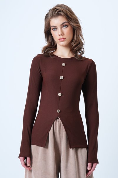 Cinnamon Brown Crew Neck Front Slit Button Detailed Ottoban Blouse Alc-X14345