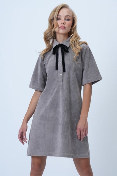 Taupe Polo Neck Half-Button Textured Velvet Mini Dress ALC-X14536
