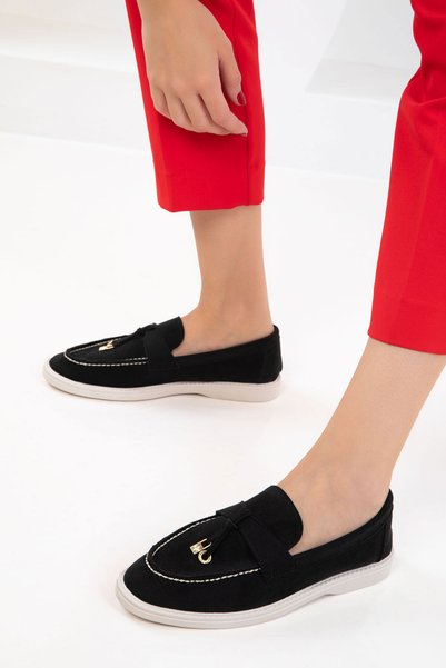 Black Suede Women's Loafer Shoes 21049