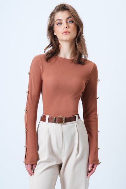 Women's Cinnamon Brown Crew Neck Sleeve Gold Button Detailed Ottoban Blouse Alc-X14336