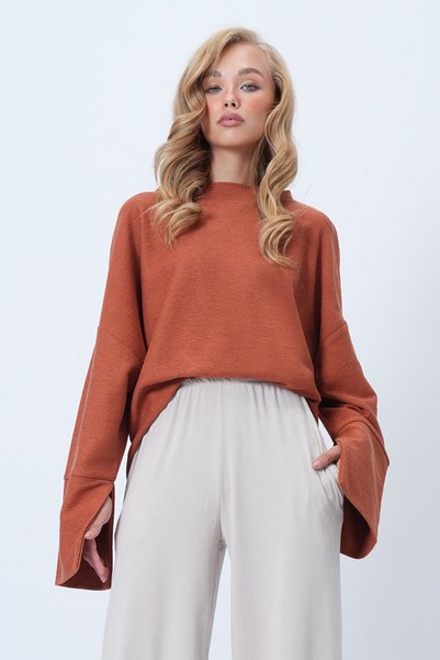 Women's Tile-Colored Stand-Up Collar Batwing Sleeve Cuff Slit Wide-Cut Blouse Alc-X14434