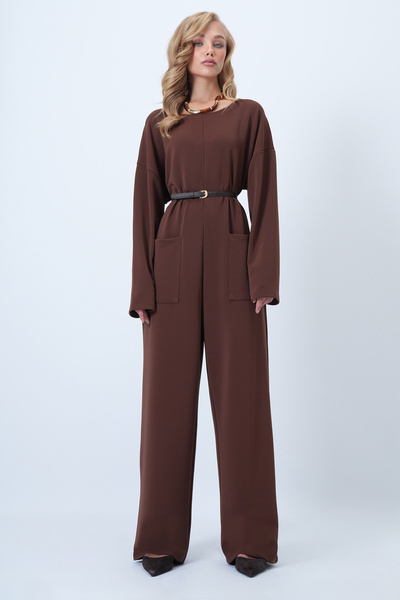 Brown Crew Neck Zippered Back Relaxed Fit Jumpsuit Alc-X14554