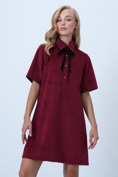 Burgundy Polo Collar Half Placket Buttoned Textured Velvet Mini Dress Alc-X14536