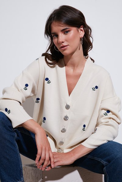 Oversize Fit Patterned V-Neck Knitwear Cardigan Cardigan 4616193