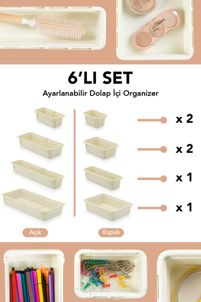 6-Piece Extendable Closet Organizer - Multi-Purpose Bathroom Kitchen Office Drawer Organizer Set