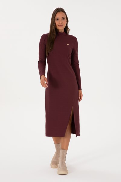 Women's Burgundy Slit High Neck Midi Length Knitted Dress 50313549-Vr177