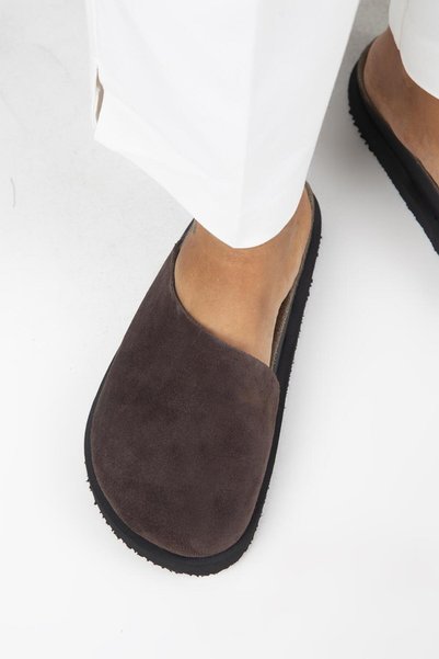 Ateshi Women's Leather Genuine Leather Flat Clog Brown Slipper