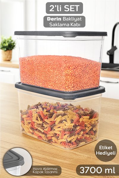 2 Pieces Deep Food Storage Container with Labels - Legume Sugar Flour Container Food Storage Box 3700 ml Transparent