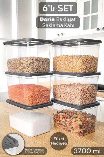 6 Pieces Deep Food Storage Containers with Labels - Legumes Sugar Flour Container Food Storage Box 3700 ml Transparent