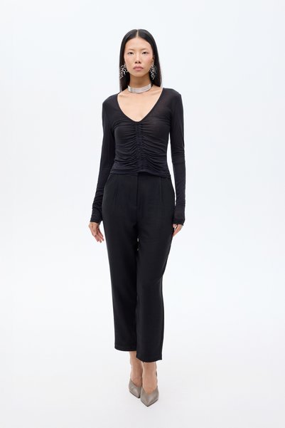 Front Gathered V-Neck Transparent Blouse Black