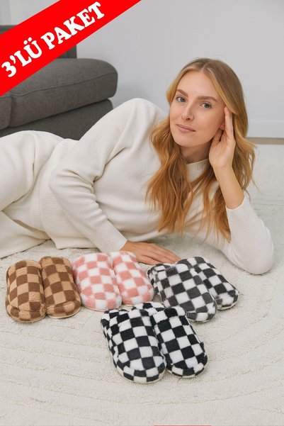 Pack of 3 Checkered Indoor Women's Slippers Home Slippers