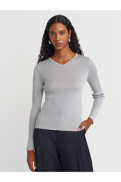 10803 V-Neck Glitter Knit Sweater-Grey