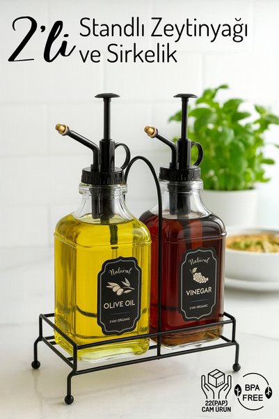 2-Piece Vintage Olive Oil and Vinegar Dispenser with Spray Head and Stand - Glass Bottle -500Ml.