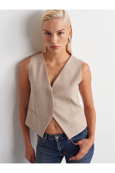 60595 V-Neck Hidden Button Vest-Stone
