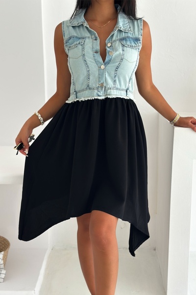 Women's Denim Detailed Crepe Skirted Black Dress