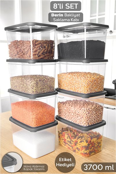 8 Pieces Deep Food Storage Containers with Labels - Legumes Sugar Flour Container Food Storage Box 3700 ml Transparent