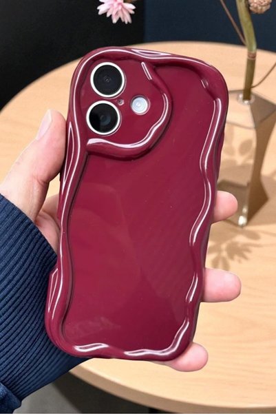 iPhone 16 Compatible Case Wavy Edge Stylish Shock Resistant Soft Silicone Cover Claret Red