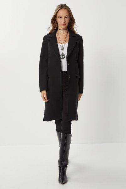 Double-Breasted Collar Buttoned Cashmere Coat Black Lto0020
