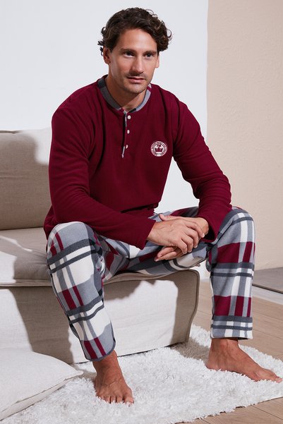 Plaid Regular Fit Buttoned Crew Neck Winter Fleece Pajama Set Men's PAJAMA SET 609