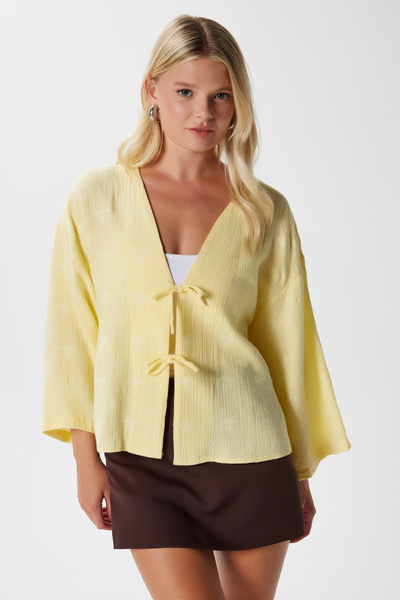 Women's Flora Muslin Embossed Textured Yellow Kimono