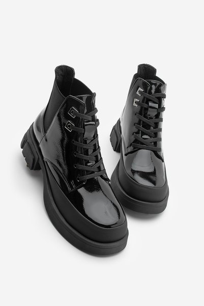 Women's Lace-Up Elastic Thick Heel Sport Short Combat Boots Kenvo Black Patent Leather