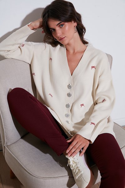 Oversize Fit Patterned V-Neck Knitwear Cardigan Cardigan 4616193