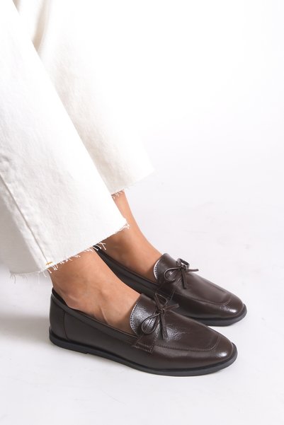 Women's Leather Ballet Flats, Brown - Model 001295