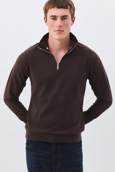 Men's Standard Fit Cotton Thessaloniki Fabric Half Zipper Stand Collar Sweatshirt Brown