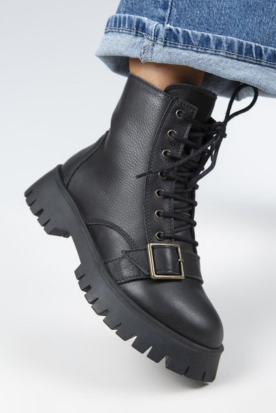 (Mihri) Women's Genuine Leather Laced Inside-Zip Top-Buckled Black Boot