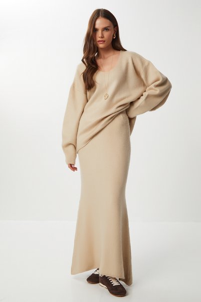 Wool Blend Sweater Skirt Knitwear Set Lki̇0039 Beige