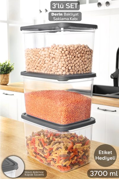 3 Piece Labeled Deep Food Storage Container - Pulse Sugar Flour Container Food Storage Box 3700 ml Transparent